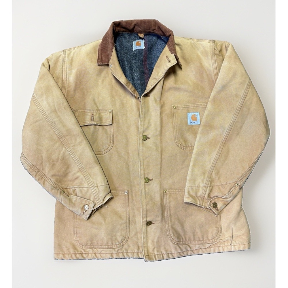 Vintage Carhartt Chore Jacket Tan Blanket Lined Duck Coat Mens Med Work Worn